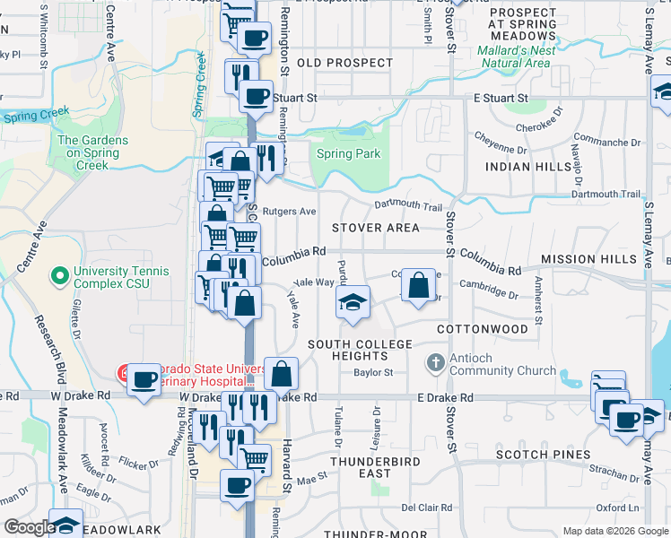 map of restaurants, bars, coffee shops, grocery stores, and more near 300 Yale Way in Fort Collins