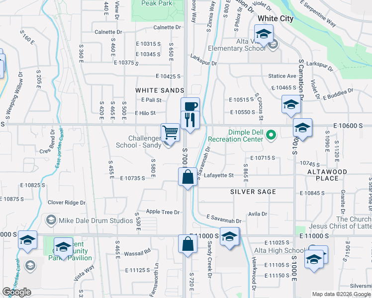 map of restaurants, bars, coffee shops, grocery stores, and more near 10697 South 700 East in Sandy