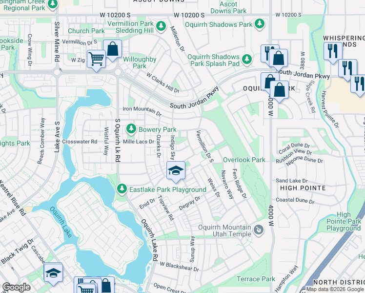 map of restaurants, bars, coffee shops, grocery stores, and more near 4342 Pentenwell Lane in South Jordan