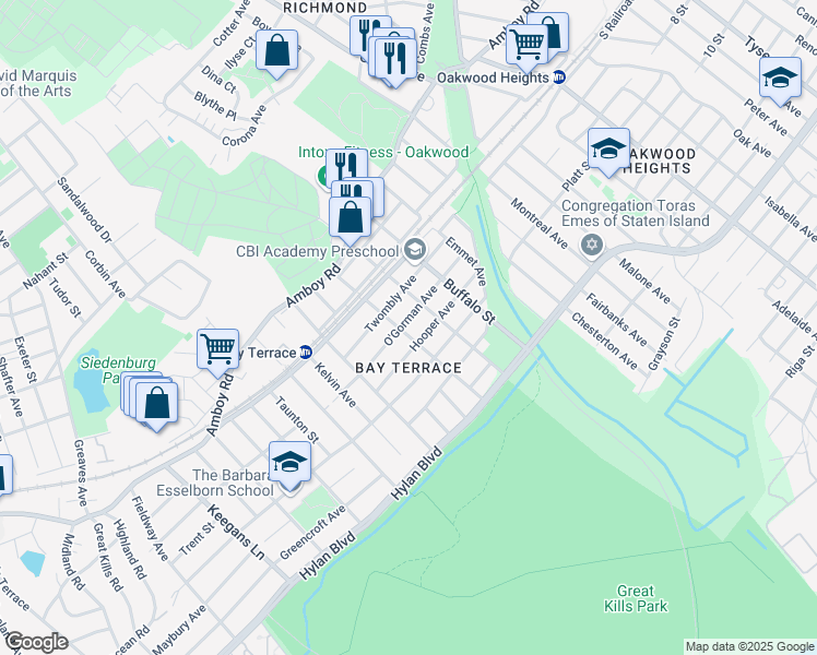 map of restaurants, bars, coffee shops, grocery stores, and more near 120 O'Gorman Avenue in Staten Island