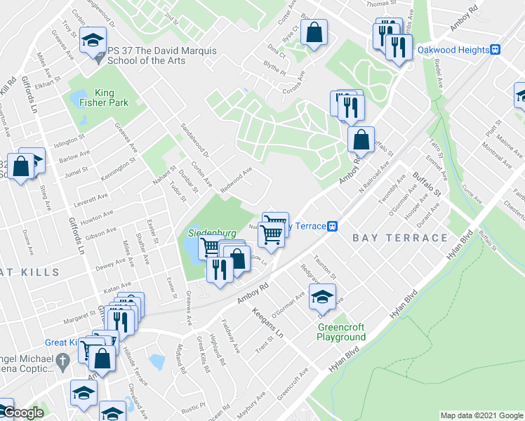 map of restaurants, bars, coffee shops, grocery stores, and more near 162 Woodcutters Lane in Staten Island