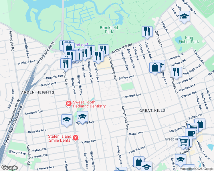 map of restaurants, bars, coffee shops, grocery stores, and more near 21 Fenway Circle in Staten Island
