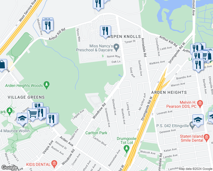 map of restaurants, bars, coffee shops, grocery stores, and more near 136 Erika Loop in Staten Island