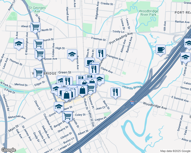 map of restaurants, bars, coffee shops, grocery stores, and more near 19 East Green Street in Woodbridge Township