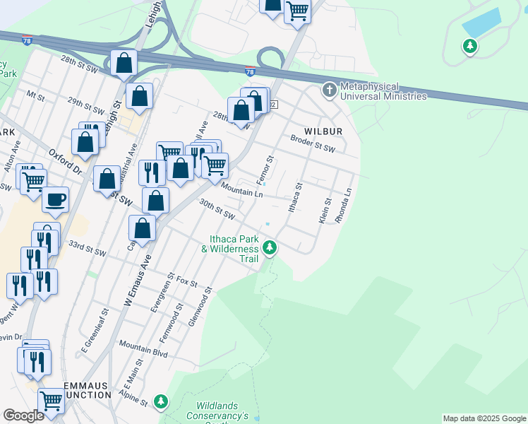 map of restaurants, bars, coffee shops, grocery stores, and more near 2926 Fernor Street in Allentown