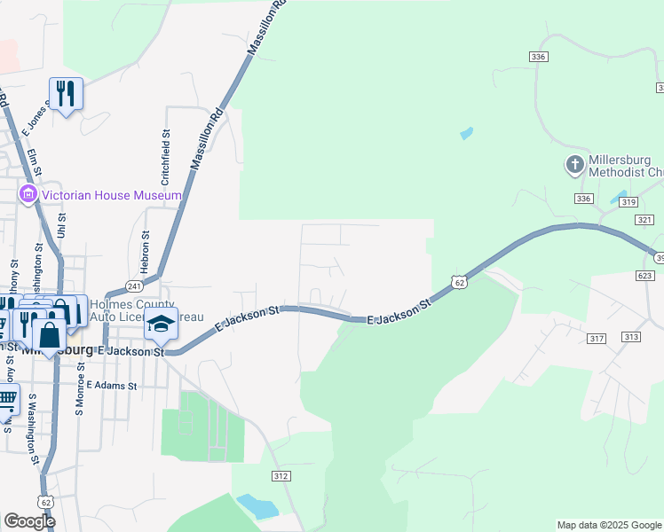 map of restaurants, bars, coffee shops, grocery stores, and more near 101 Lakeview Drive in Millersburg