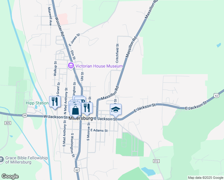 map of restaurants, bars, coffee shops, grocery stores, and more near 364 Hebron Street in Millersburg