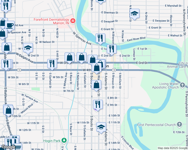 map of restaurants, bars, coffee shops, grocery stores, and more near 100 West 5th Street in Marion