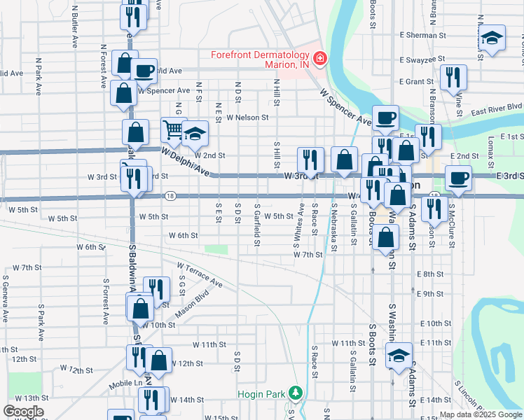 map of restaurants, bars, coffee shops, grocery stores, and more near 401-499 South Garfield Street in Marion