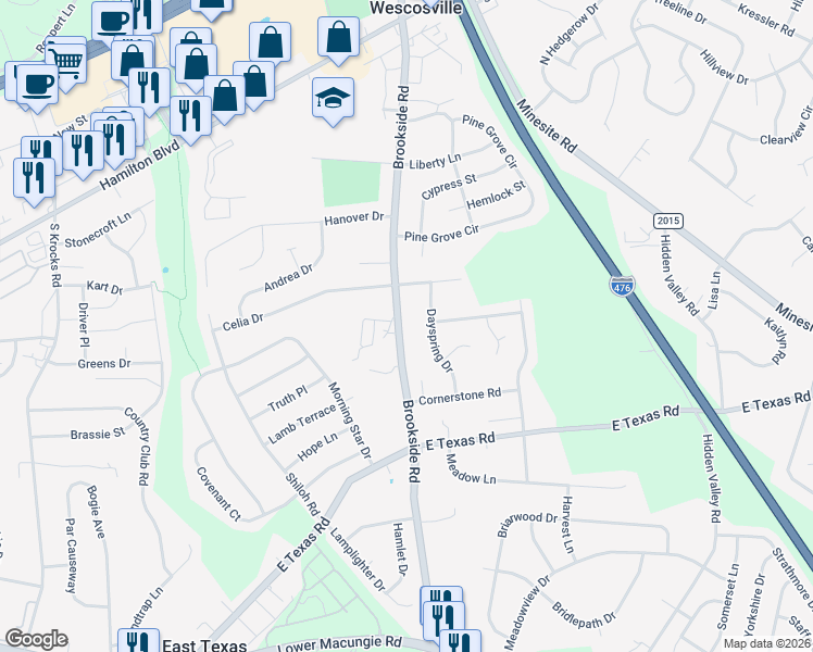 map of restaurants, bars, coffee shops, grocery stores, and more near 1345 North Brookside Road in Wescosville