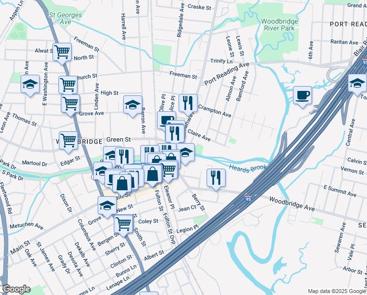 map of restaurants, bars, coffee shops, grocery stores, and more near 19 East Green Street in Woodbridge Township
