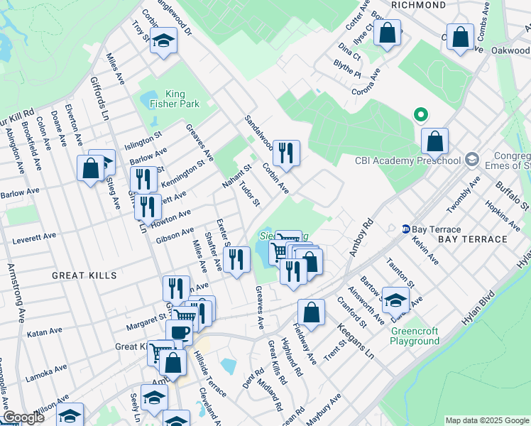 map of restaurants, bars, coffee shops, grocery stores, and more near 48 Dewey Avenue in Staten Island