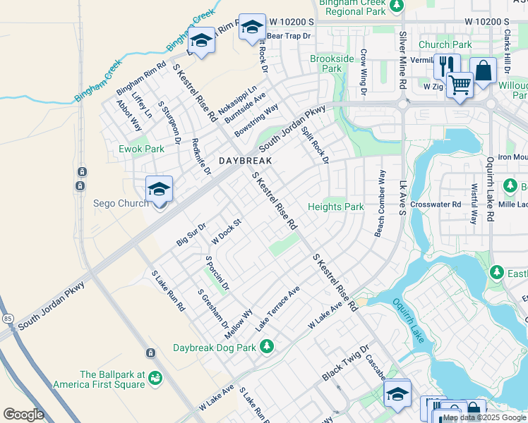 map of restaurants, bars, coffee shops, grocery stores, and more near 5153 West Dock Street in South Jordan