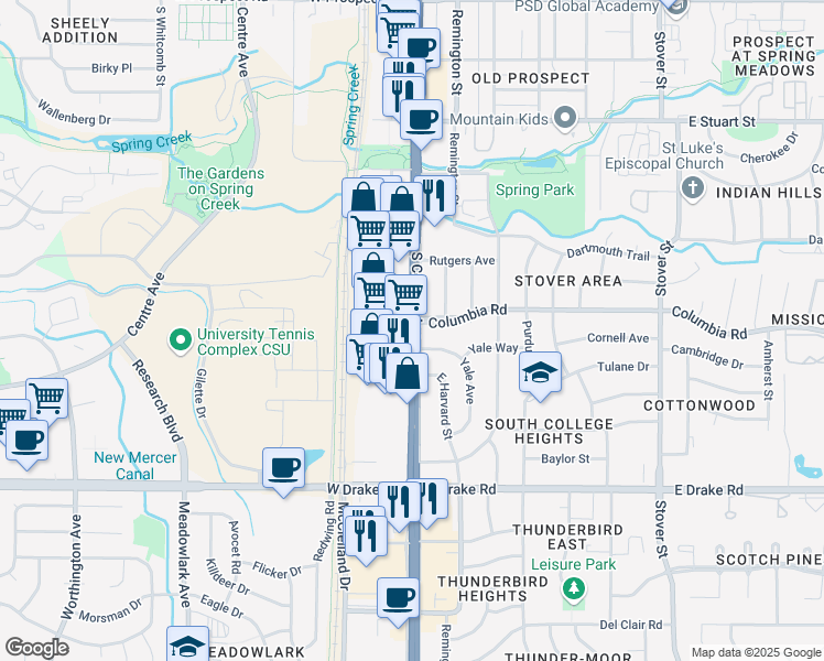 map of restaurants, bars, coffee shops, grocery stores, and more near 2325 South College Avenue in Fort Collins