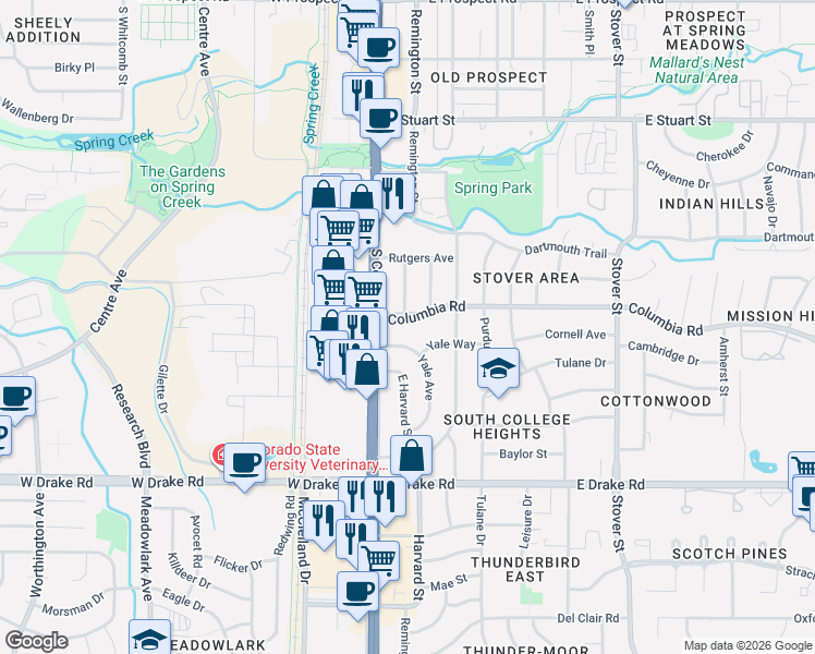map of restaurants, bars, coffee shops, grocery stores, and more near 210 Yale Way in Fort Collins