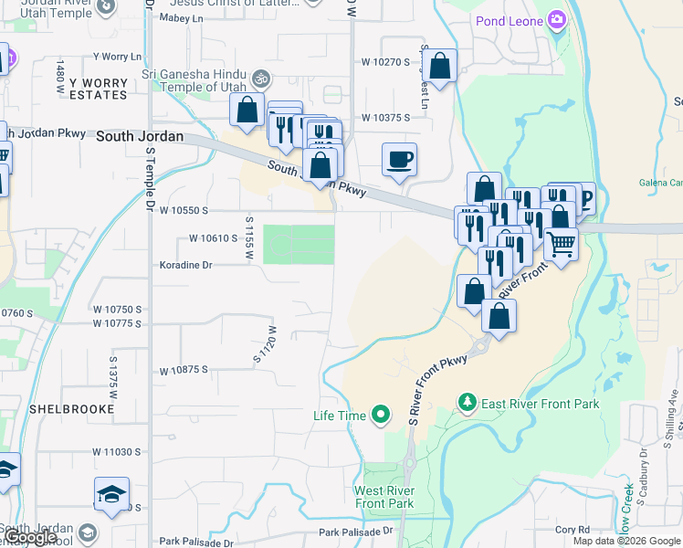 map of restaurants, bars, coffee shops, grocery stores, and more near 10657 South 1055 West in South Jordan