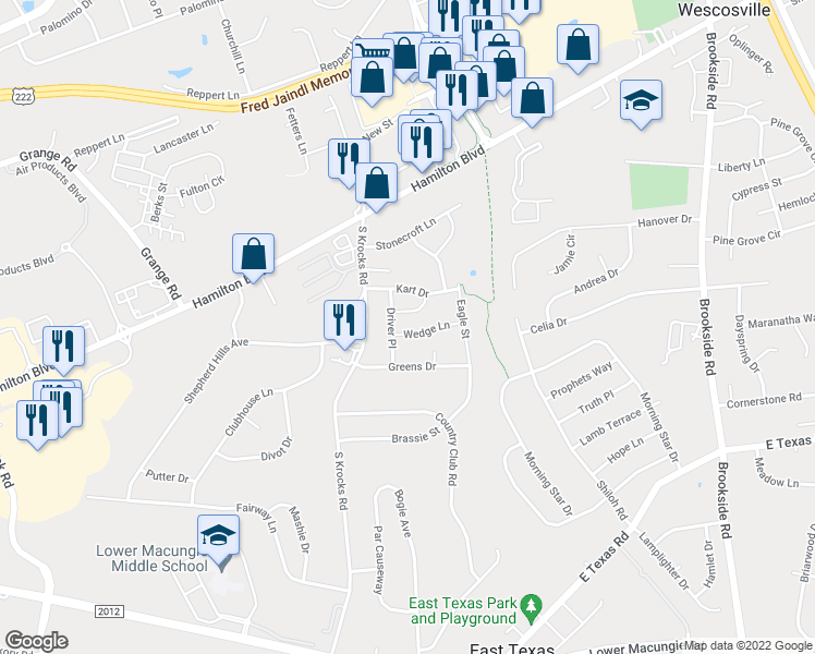 map of restaurants, bars, coffee shops, grocery stores, and more near 5659 Wedge Lane in Allentown