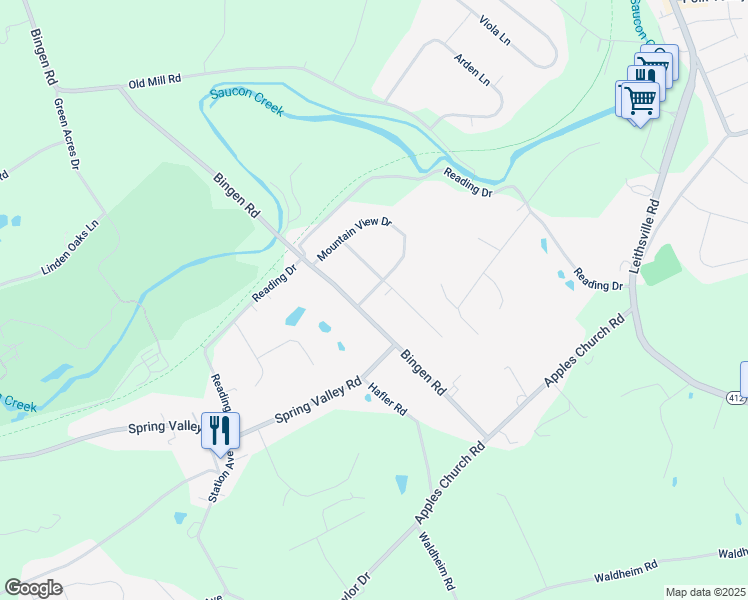 map of restaurants, bars, coffee shops, grocery stores, and more near 1815 Hillside Drive in Bethlehem