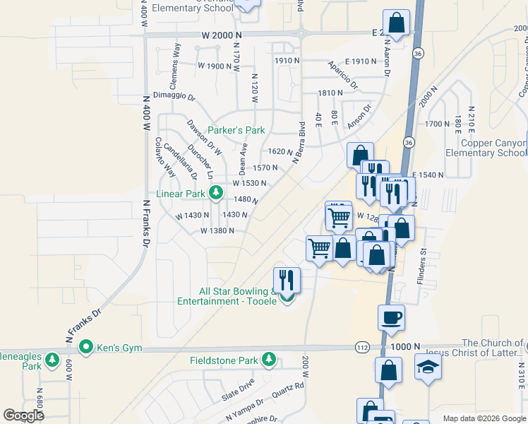 map of restaurants, bars, coffee shops, grocery stores, and more near 1413 Baen Way in Tooele