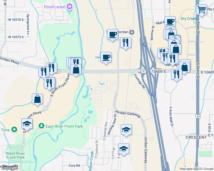 map of restaurants, bars, coffee shops, grocery stores, and more near 10656 Monica Ridge Way in South Jordan