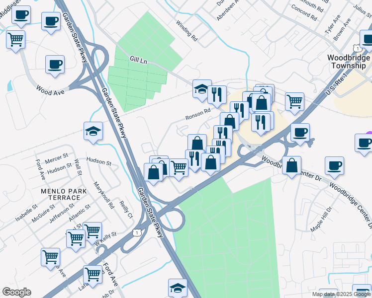 map of restaurants, bars, coffee shops, grocery stores, and more near 1501 Woodbridge Commons Way in Woodbridge Township
