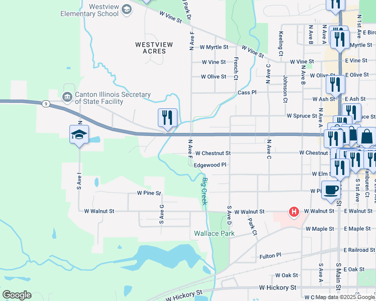 map of restaurants, bars, coffee shops, grocery stores, and more near 600-644 West Chestnut Street in Canton