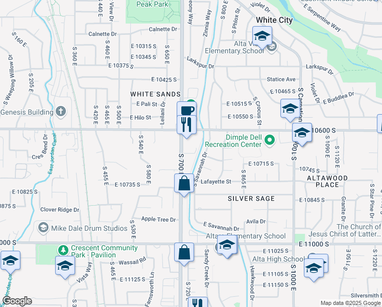 map of restaurants, bars, coffee shops, grocery stores, and more near 10675 700 East in Sandy