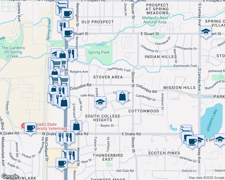 map of restaurants, bars, coffee shops, grocery stores, and more near 412 Cornell Avenue in Fort Collins