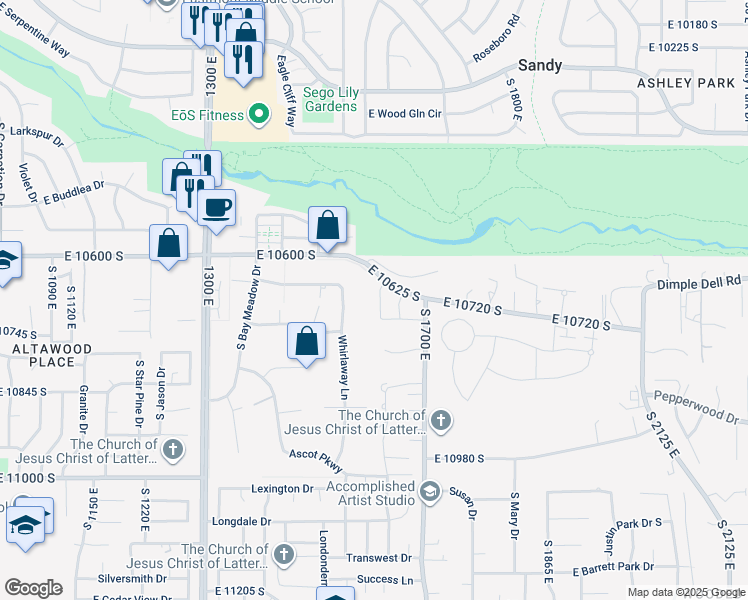 map of restaurants, bars, coffee shops, grocery stores, and more near 10688 East Dielsdorf Road in Sandy