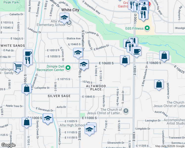 map of restaurants, bars, coffee shops, grocery stores, and more near 10685 Superior Circle in Sandy