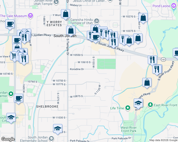 map of restaurants, bars, coffee shops, grocery stores, and more near 1181 Koradine Drive in South Jordan