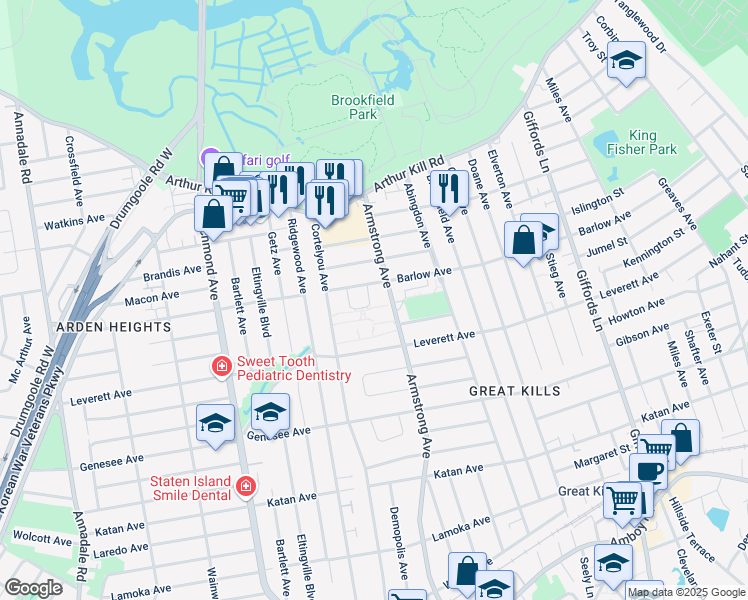 map of restaurants, bars, coffee shops, grocery stores, and more near 21 Fenway Circle in Staten Island