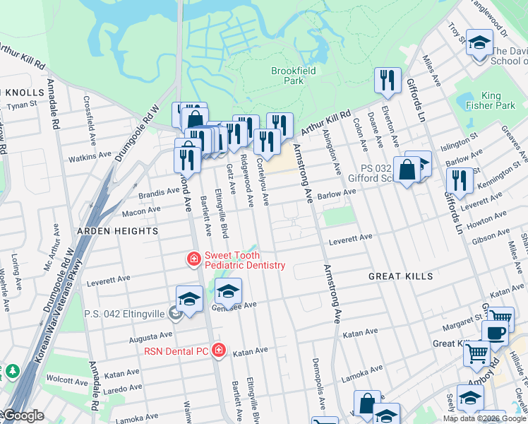 map of restaurants, bars, coffee shops, grocery stores, and more near 112 Cortelyou Avenue in Staten Island