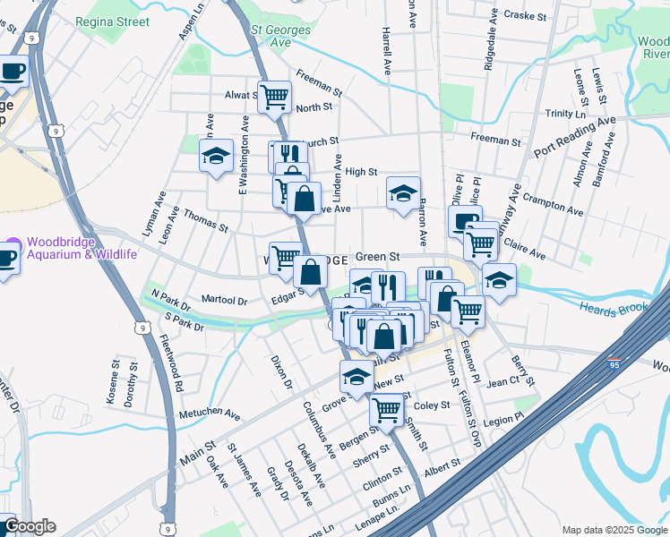map of restaurants, bars, coffee shops, grocery stores, and more near 2 Green Street in Woodbridge Township