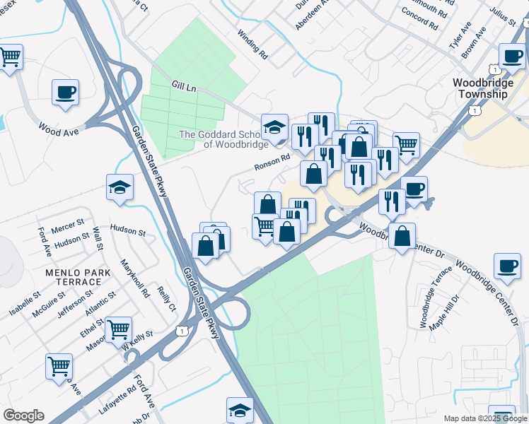 map of restaurants, bars, coffee shops, grocery stores, and more near 429 U.S. 1 in Woodbridge Township