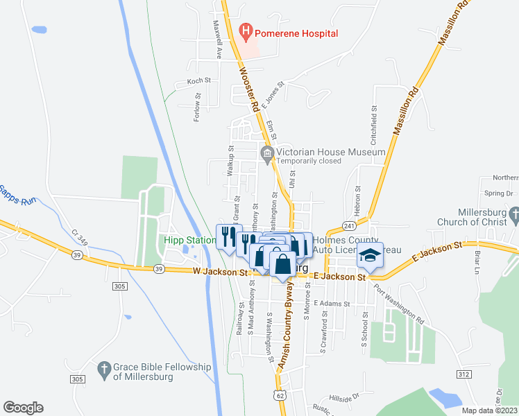 map of restaurants, bars, coffee shops, grocery stores, and more near 242 North Mad Anthony Street in Millersburg
