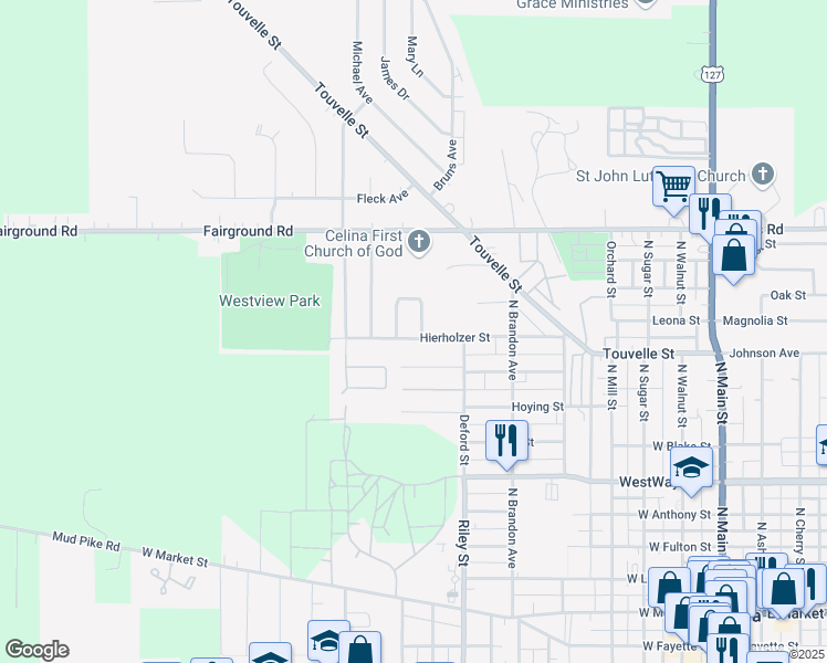 map of restaurants, bars, coffee shops, grocery stores, and more near 800-808 Hierholzer Street in Celina