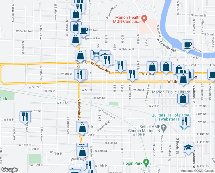 map of restaurants, bars, coffee shops, grocery stores, and more near 413 South Grove Street in Marion