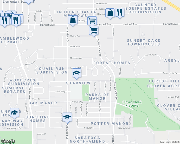 map of restaurants, bars, coffee shops, grocery stores, and more near 3577 Bridger Drive in Redding