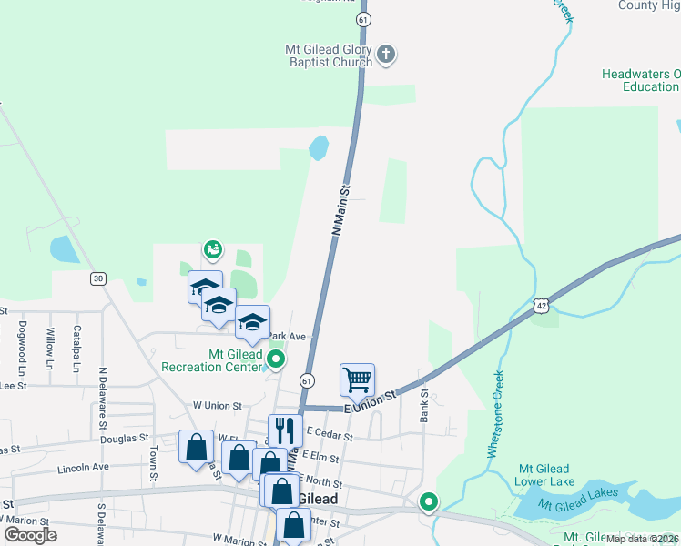 map of restaurants, bars, coffee shops, grocery stores, and more near 298 North Main Street in Mount Gilead