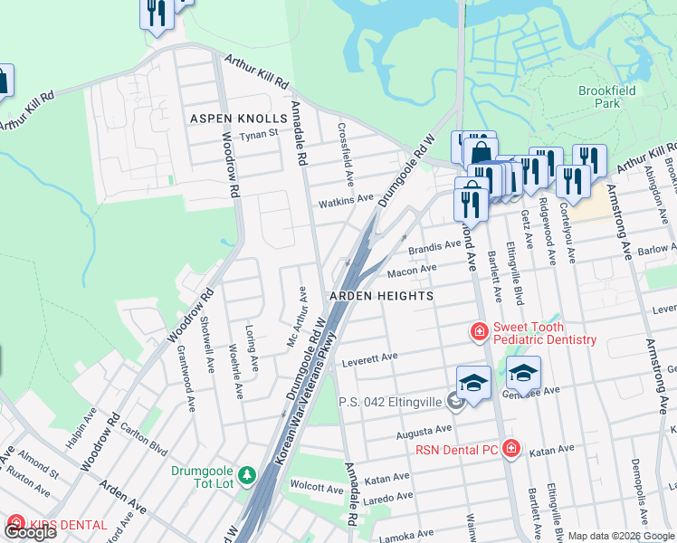 map of restaurants, bars, coffee shops, grocery stores, and more near 552 Drumgoole Road West in Staten Island