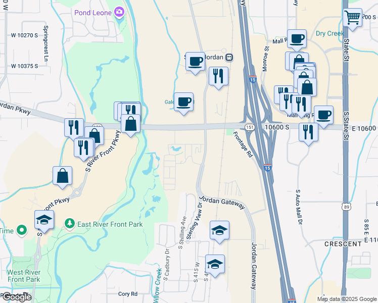 map of restaurants, bars, coffee shops, grocery stores, and more near 10656 Windsor Ridge Way in South Jordan