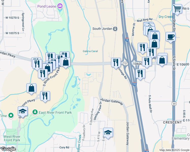 map of restaurants, bars, coffee shops, grocery stores, and more near 10656 Windsor Ridge Way in South Jordan
