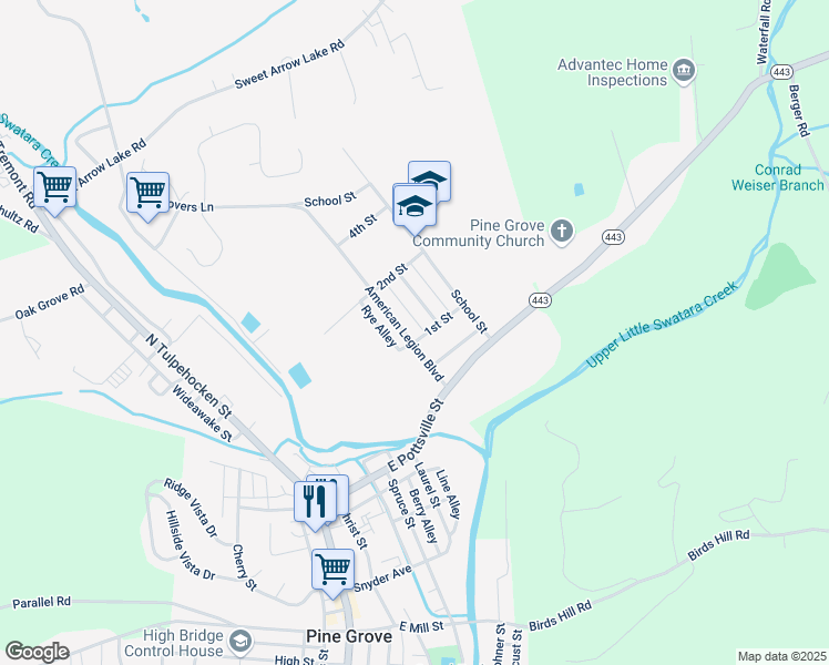 map of restaurants, bars, coffee shops, grocery stores, and more near 101 American Legion Boulevard in Pine Grove