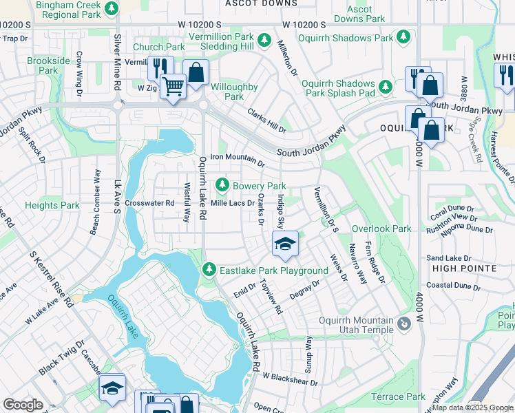 map of restaurants, bars, coffee shops, grocery stores, and more near 4423 Mille Lacs Drive in South Jordan