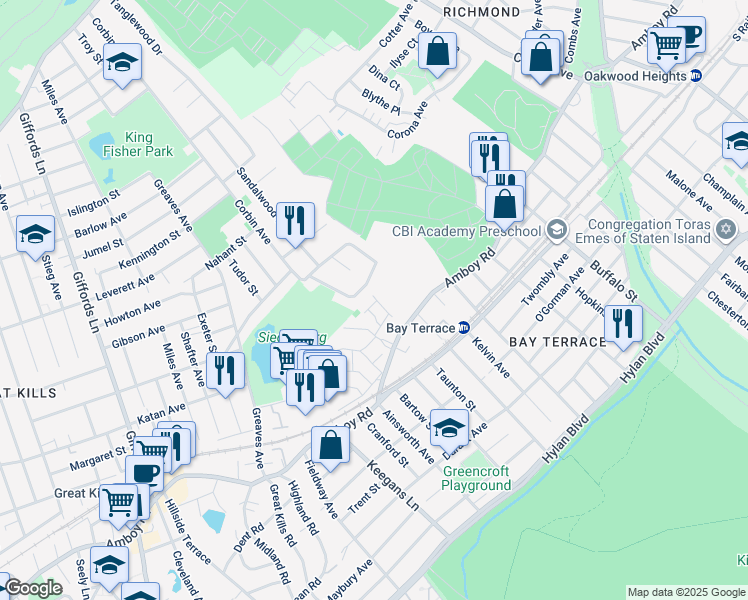 map of restaurants, bars, coffee shops, grocery stores, and more near 117 Woodcutters Lane in Staten Island