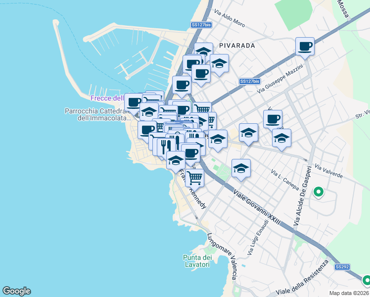 map of restaurants, bars, coffee shops, grocery stores, and more near 38 Via Sassari in Alghero