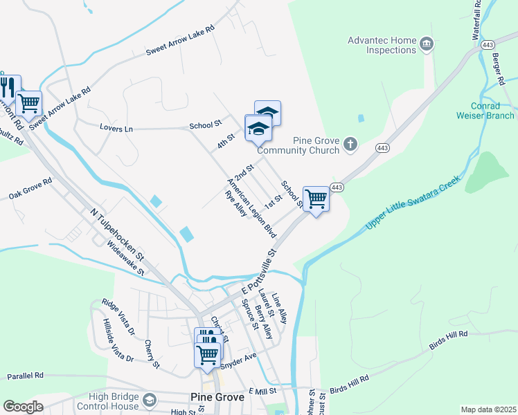 map of restaurants, bars, coffee shops, grocery stores, and more near 101 American Legion Boulevard in Pine Grove