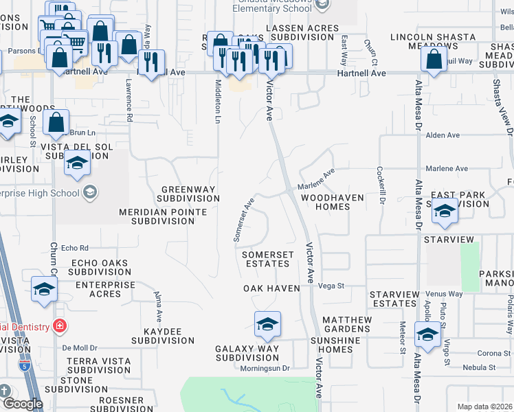 map of restaurants, bars, coffee shops, grocery stores, and more near 1744 Soda Springs Circle in Redding