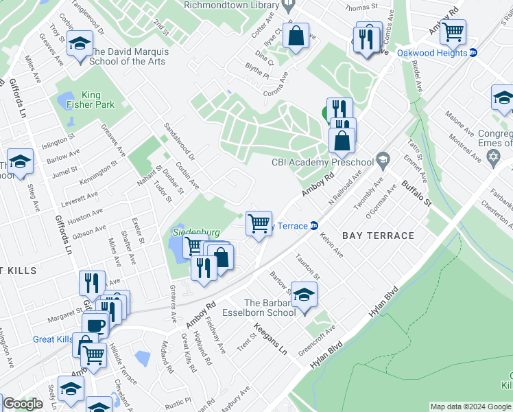 map of restaurants, bars, coffee shops, grocery stores, and more near 162 Woodcutters Lane in Staten Island